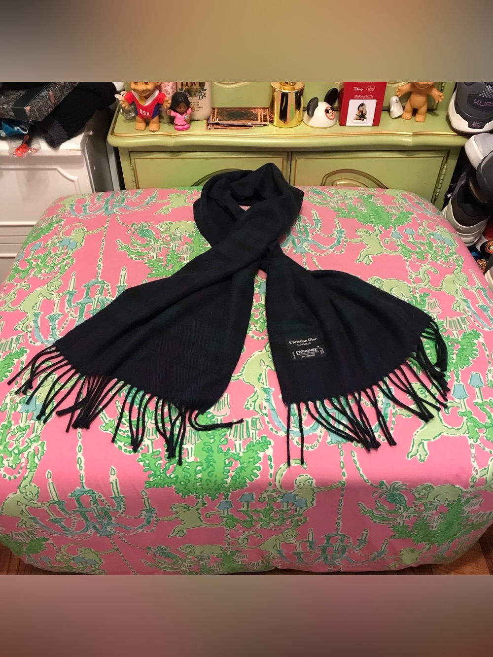 Christian Dior Monsieur navy and green tartan scarf with fringe